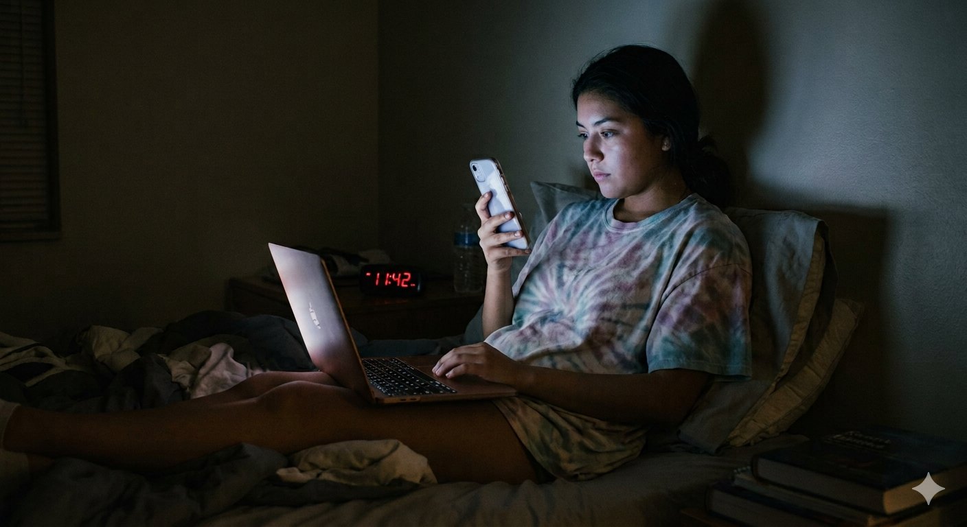 A college student in bed at 11:42 at night, lit only by the laptop on her knees and the phone in her hand.