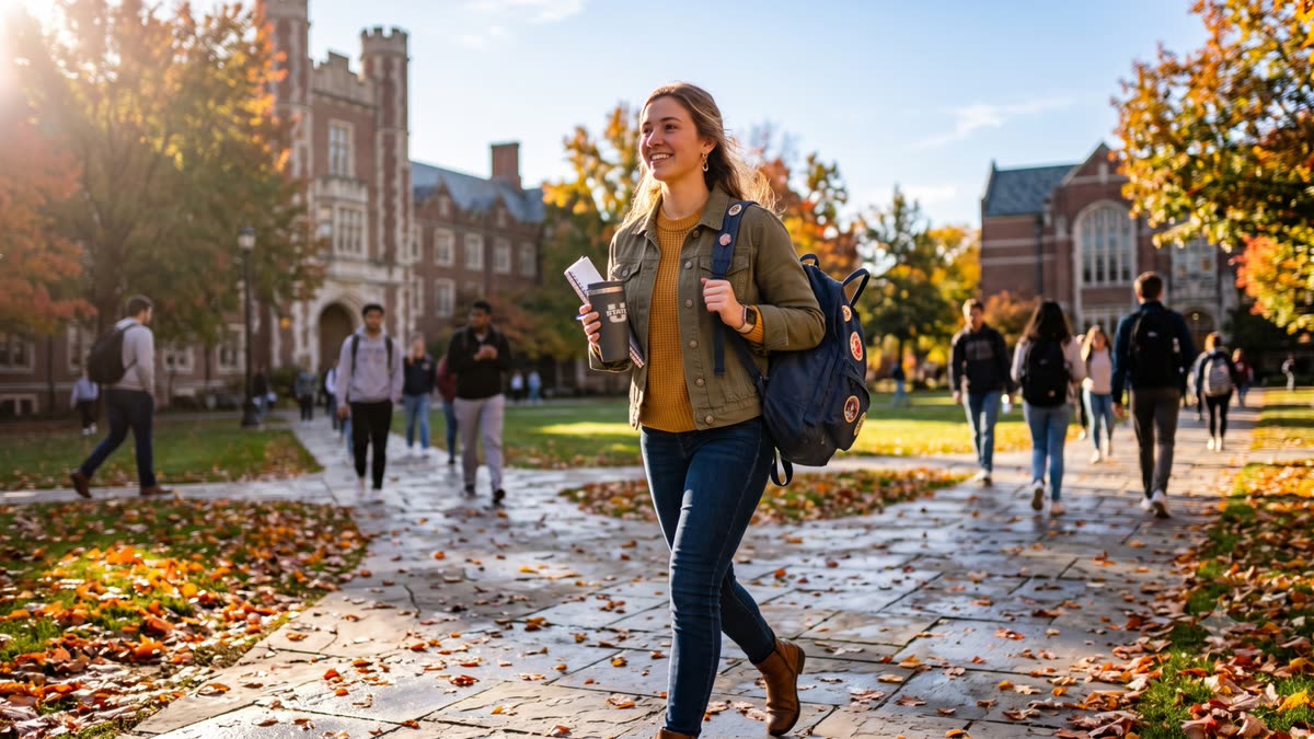 A student walks across a campus quad on a bright autumn morning, backpack on and coffee in hand, with other students crossing behind them.
