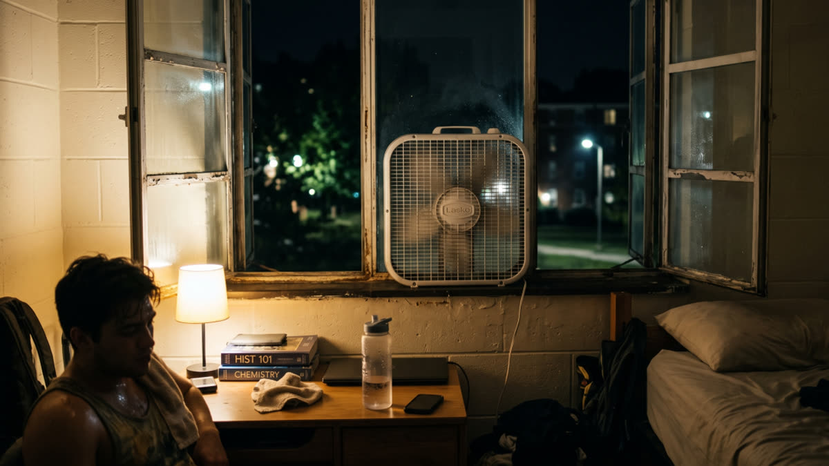 A student sits awake on the edge of a chair in a hot dorm room at night, sweating, with a box fan running in the open window behind him.