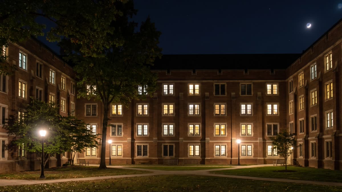A college residence hall at night, three storeys of lit windows around a courtyard, with a crescent moon above the roofline.