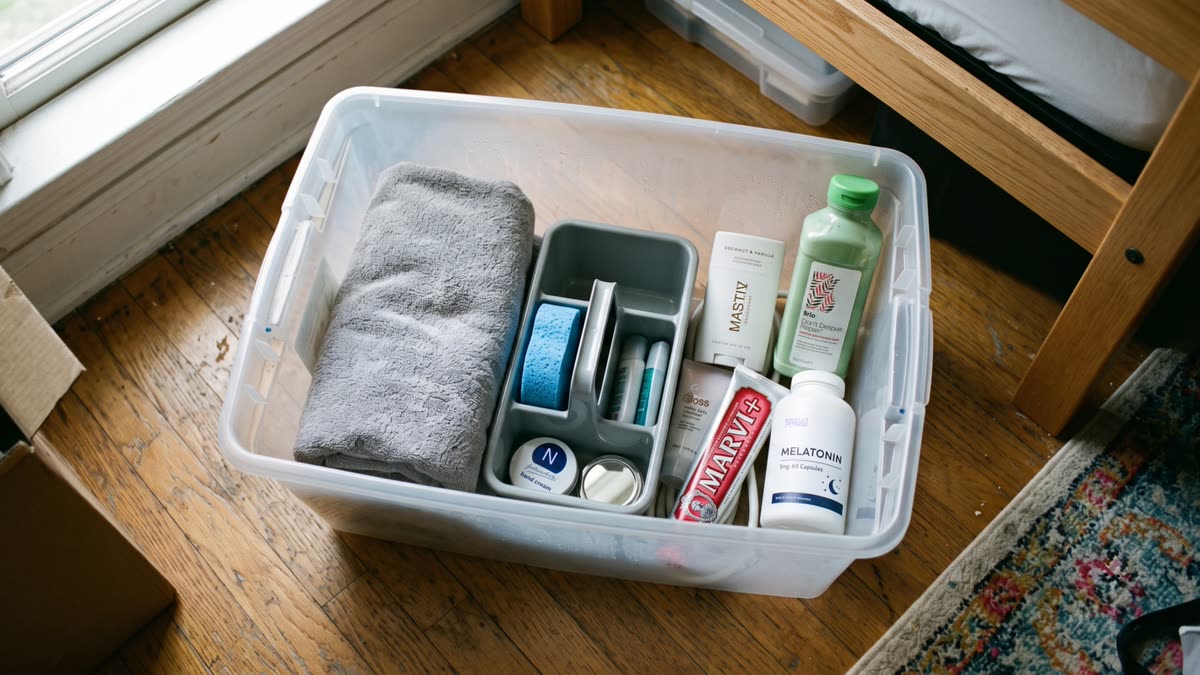 A clear plastic storage tote on a dorm room floor beside a bed, packed with a rolled towel, toiletries and a white bottle of melatonin.