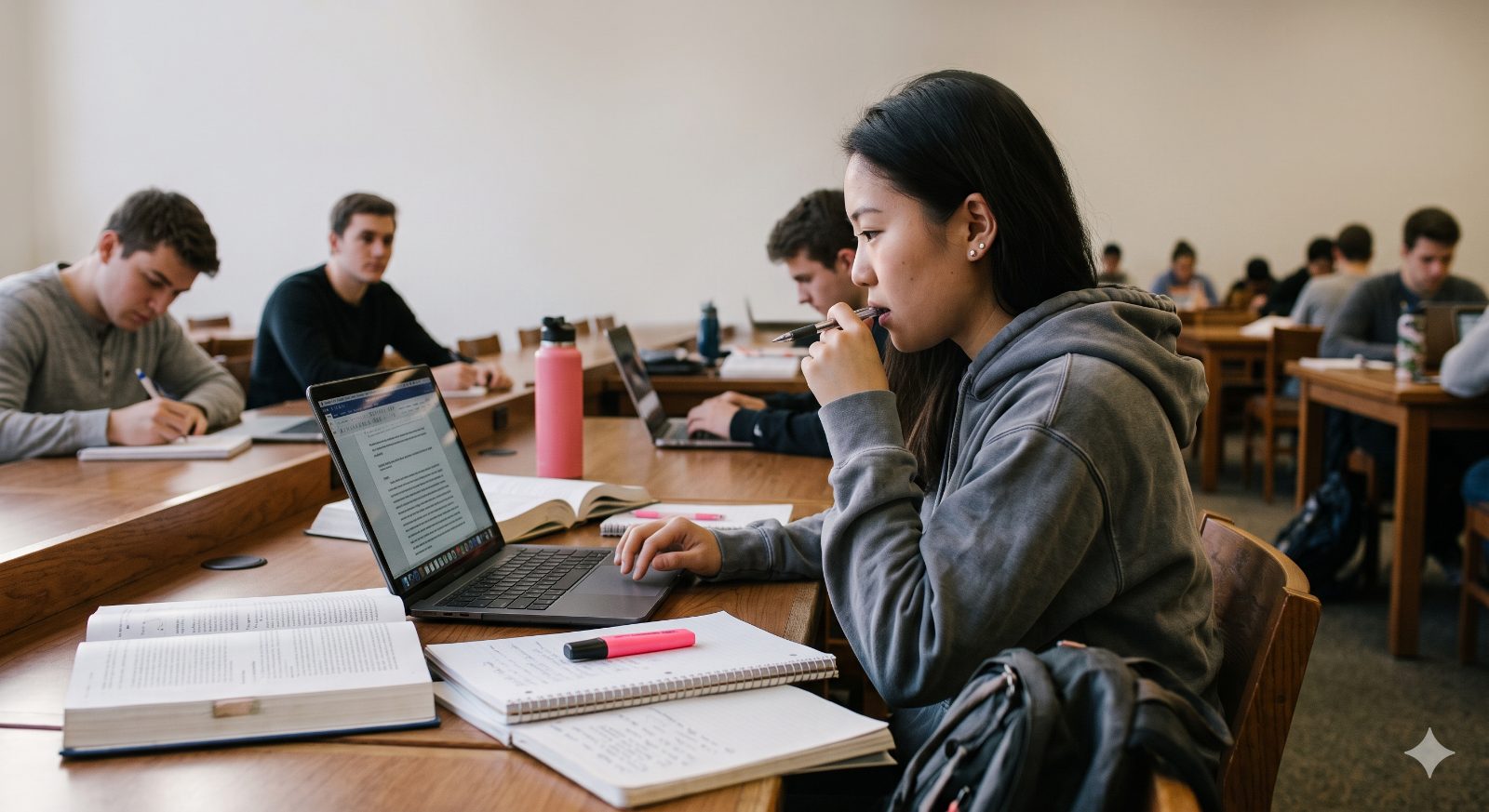 A college student studying at a table in a busy library.