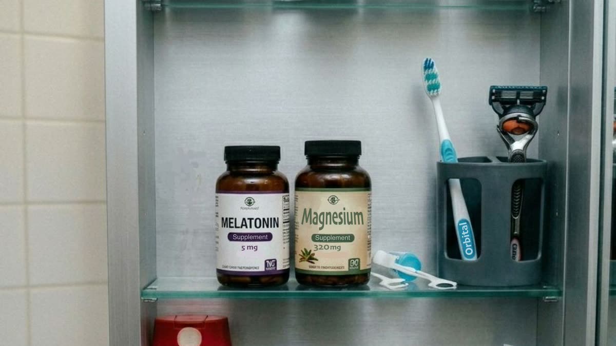 An open bathroom medicine cabinet with two supplement bottles on the middle shelf, melatonin 5 mg and magnesium 320 mg, beside a toothbrush holder and a razor.