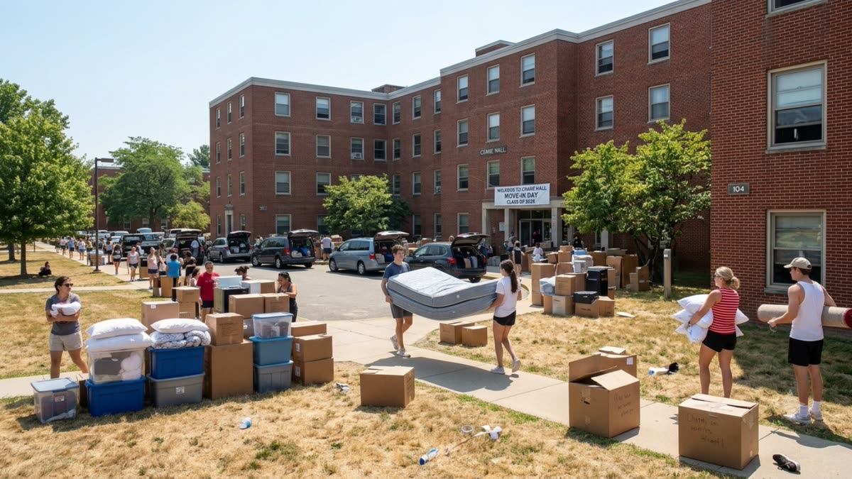Move-in day outside a college residence hall, a MOVE-IN DAY banner over the entrance, students carrying pillows, boxes, storage bins and a mattress across the lawn past cars with their hatches open.