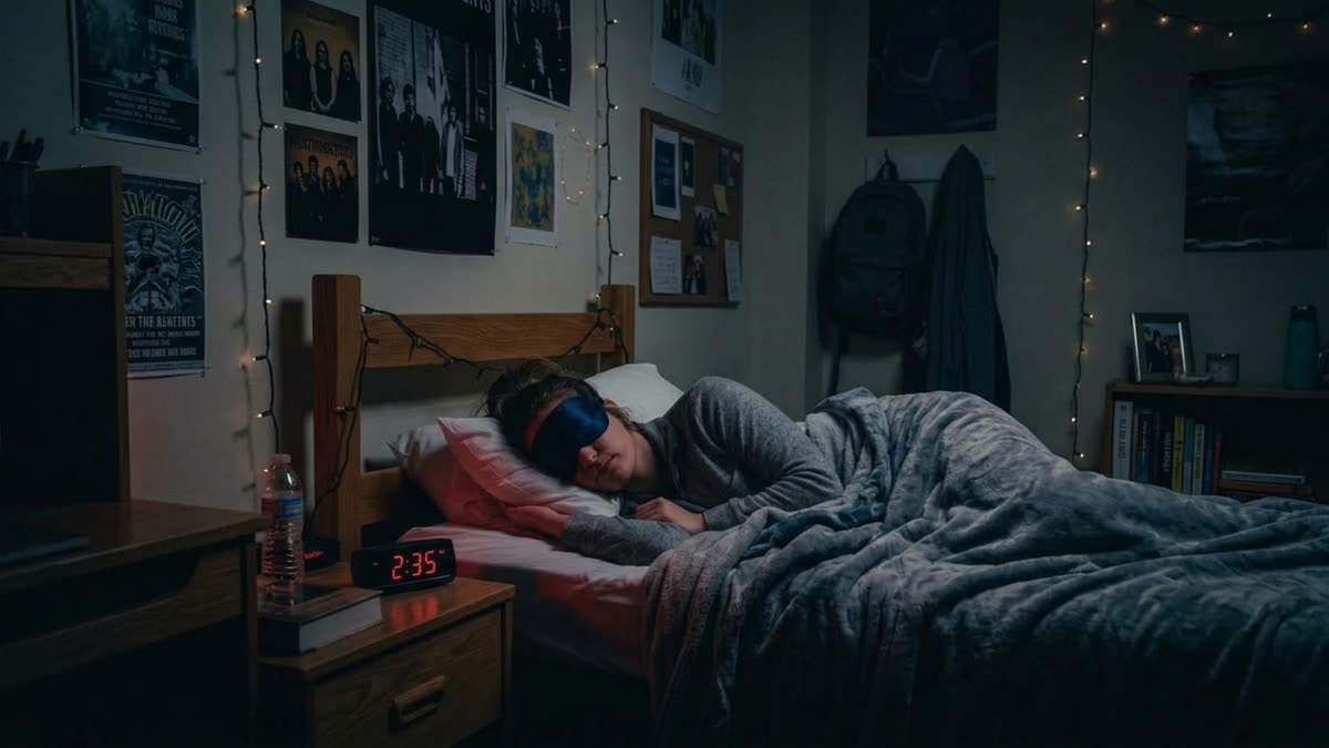 A student sleeps in a dark dorm room wearing an eye mask, string lights strung above the bed and a bedside clock reading 2:35.