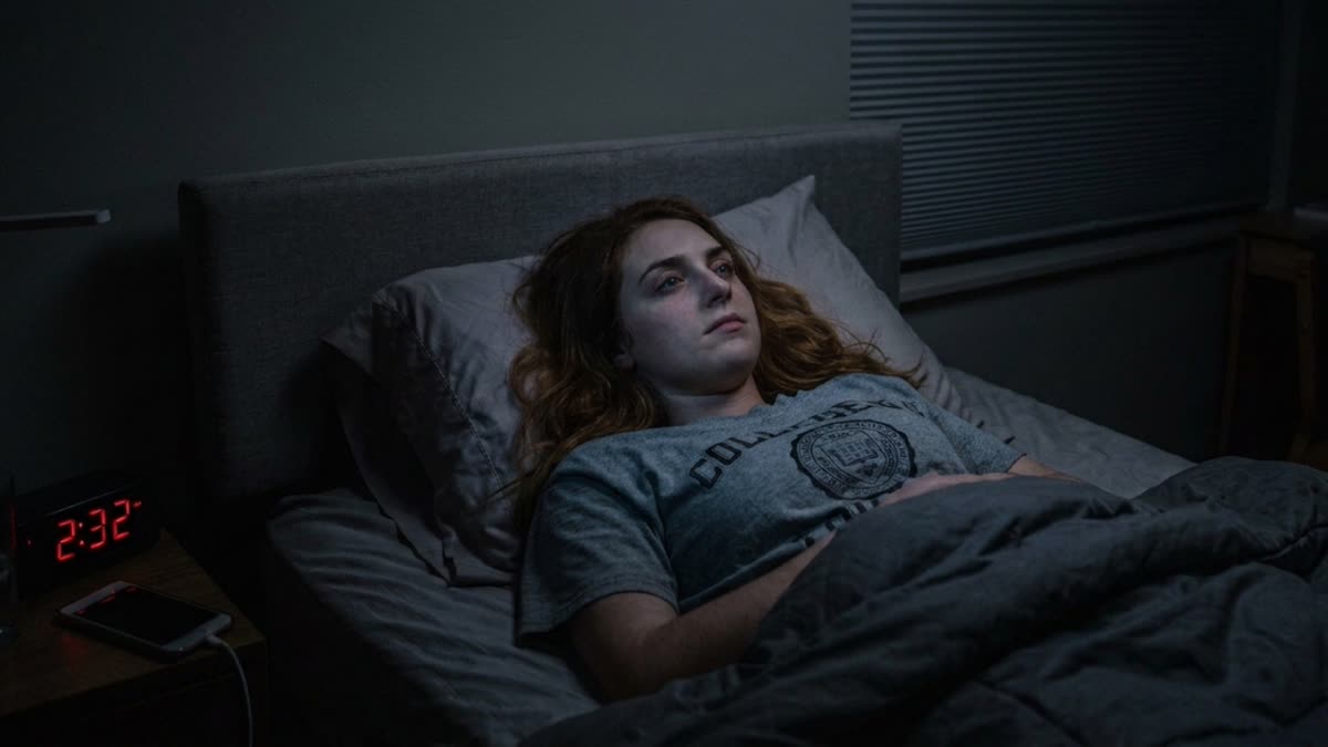 A college student lies awake in bed in a dark dorm room, eyes open, with a bedside clock reading 2:32 and a phone charging beside it.