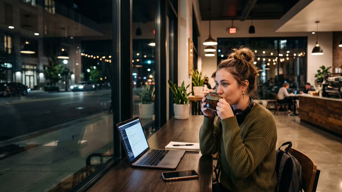 A student sits alone at a cafe window late at night with a laptop, a notebook and a cup of coffee, the dark street outside.