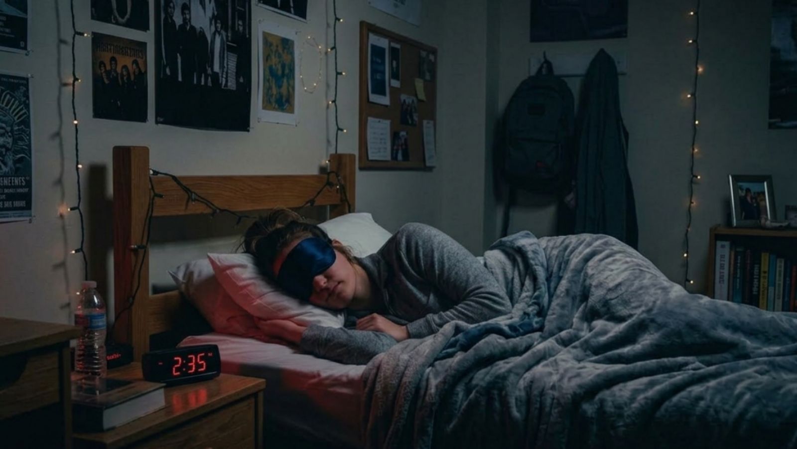 A college student asleep in a dark dorm room wearing an eye mask, string lights along the wall behind her and a bedside clock reading 2:35.