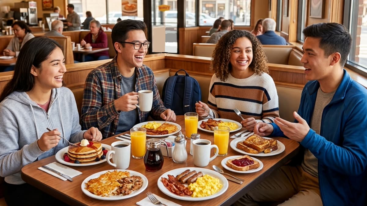 Four college students laughing together over breakfast in a diner booth, with pancakes, eggs and coffee on the table between them.